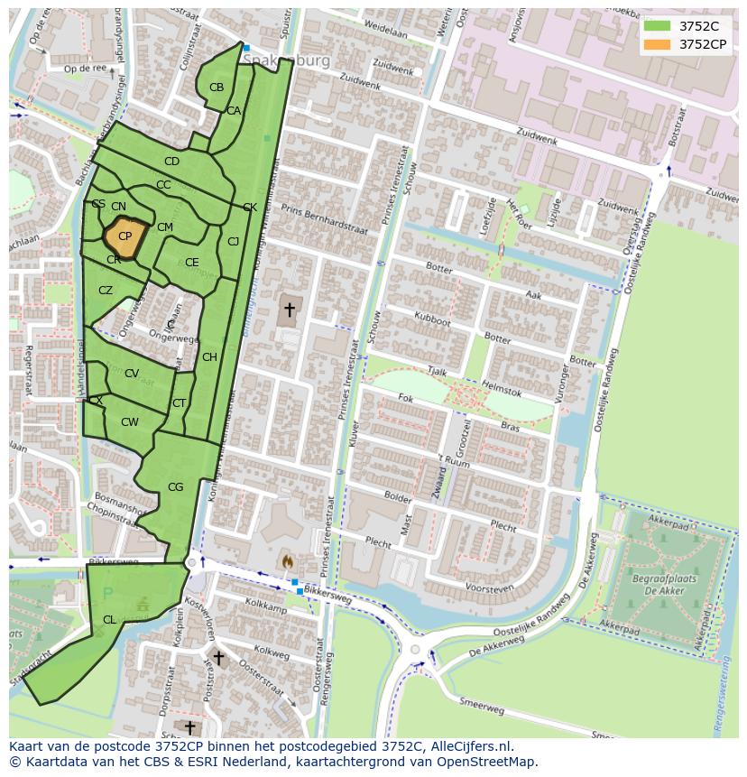 Afbeelding van het postcodegebied 3752 CP op de kaart.