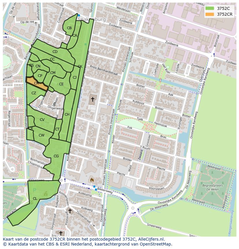 Afbeelding van het postcodegebied 3752 CR op de kaart.