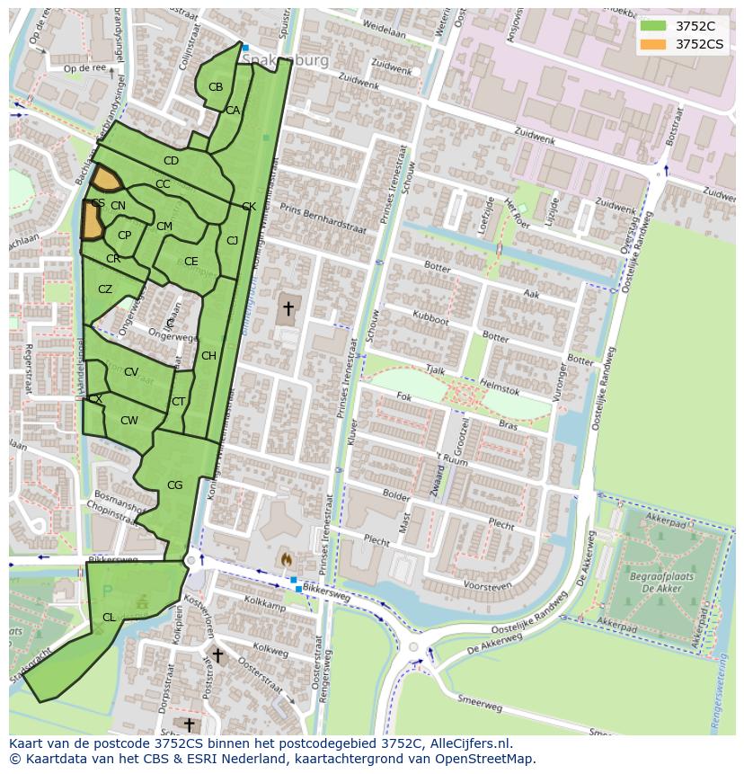 Afbeelding van het postcodegebied 3752 CS op de kaart.