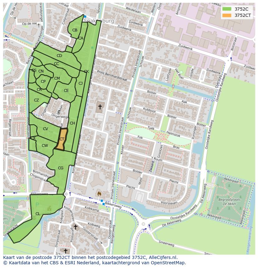 Afbeelding van het postcodegebied 3752 CT op de kaart.