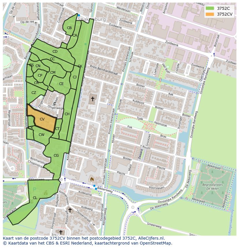 Afbeelding van het postcodegebied 3752 CV op de kaart.