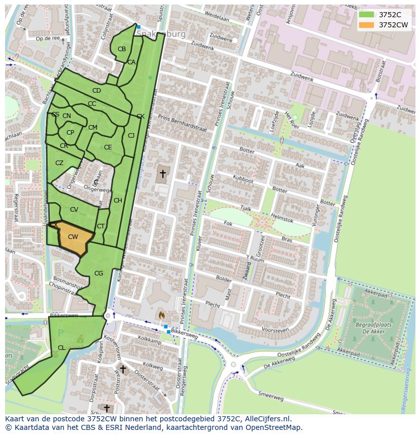 Afbeelding van het postcodegebied 3752 CW op de kaart.