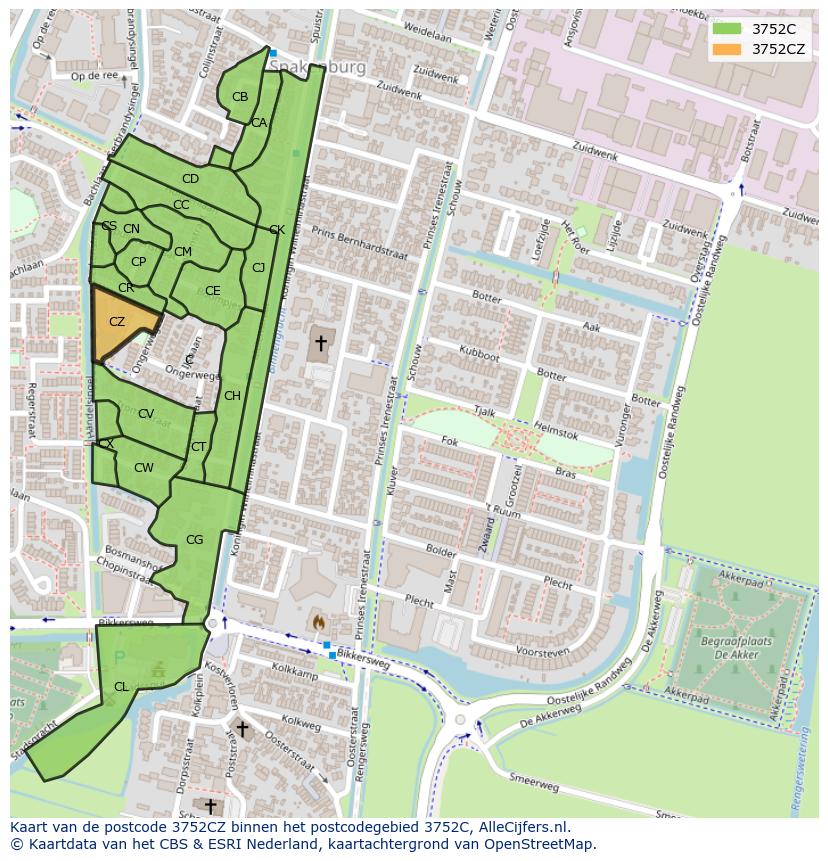 Afbeelding van het postcodegebied 3752 CZ op de kaart.