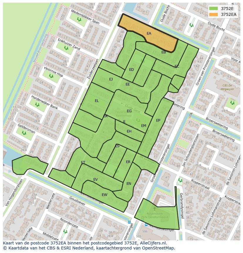 Afbeelding van het postcodegebied 3752 EA op de kaart.