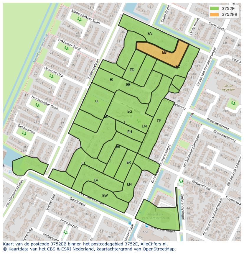 Afbeelding van het postcodegebied 3752 EB op de kaart.