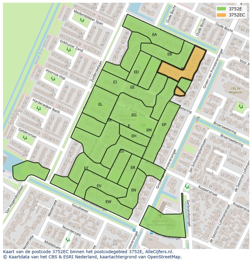 Afbeelding van het postcodegebied 3752 EC op de kaart.