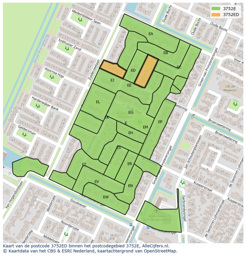 Afbeelding van het postcodegebied 3752 ED op de kaart.
