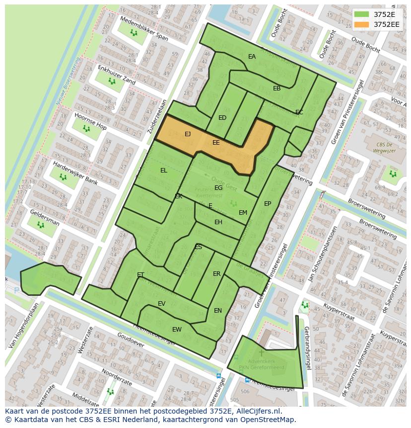 Afbeelding van het postcodegebied 3752 EE op de kaart.