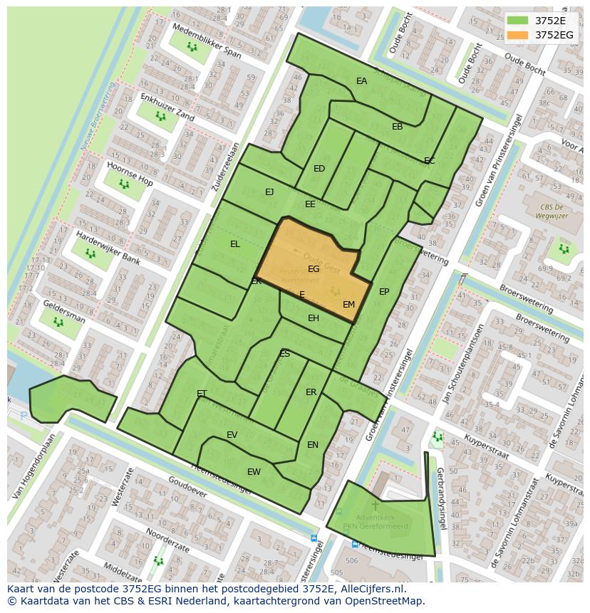 Afbeelding van het postcodegebied 3752 EG op de kaart.