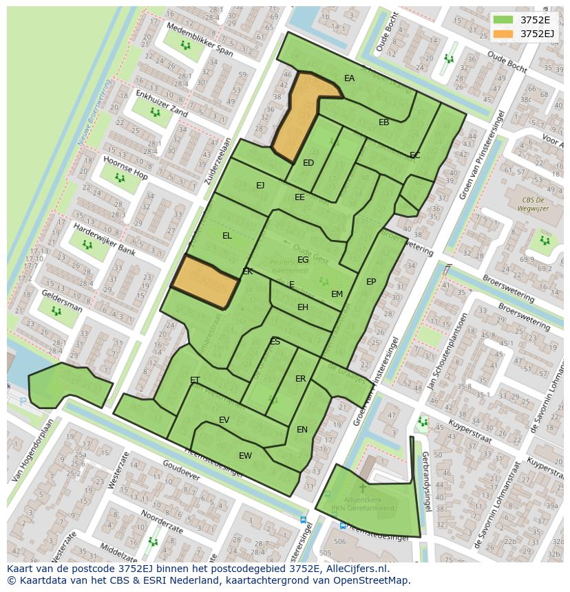 Afbeelding van het postcodegebied 3752 EJ op de kaart.