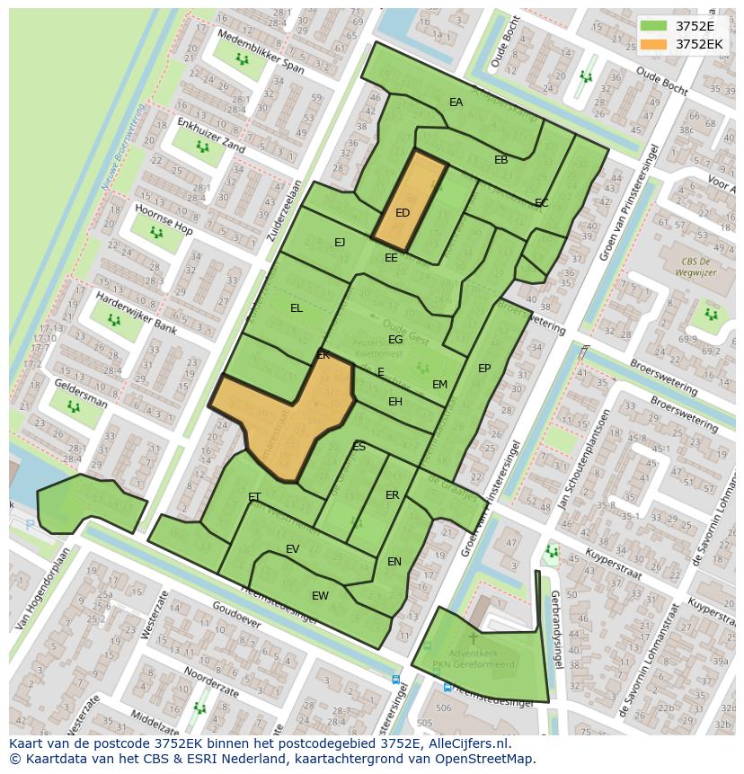 Afbeelding van het postcodegebied 3752 EK op de kaart.