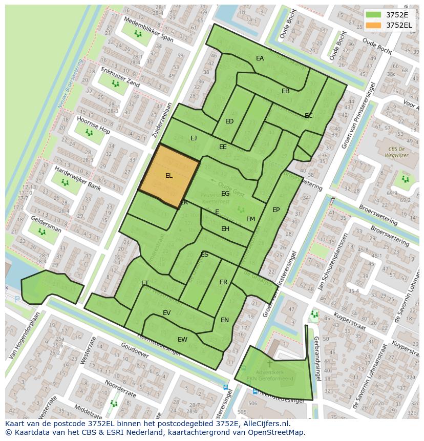 Afbeelding van het postcodegebied 3752 EL op de kaart.