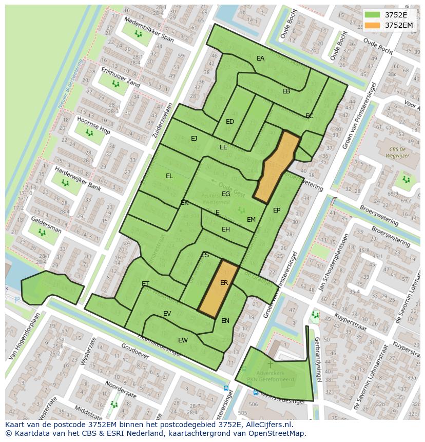 Afbeelding van het postcodegebied 3752 EM op de kaart.