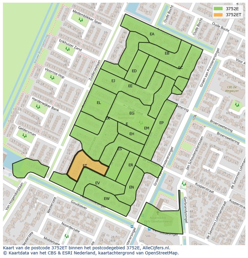 Afbeelding van het postcodegebied 3752 ET op de kaart.