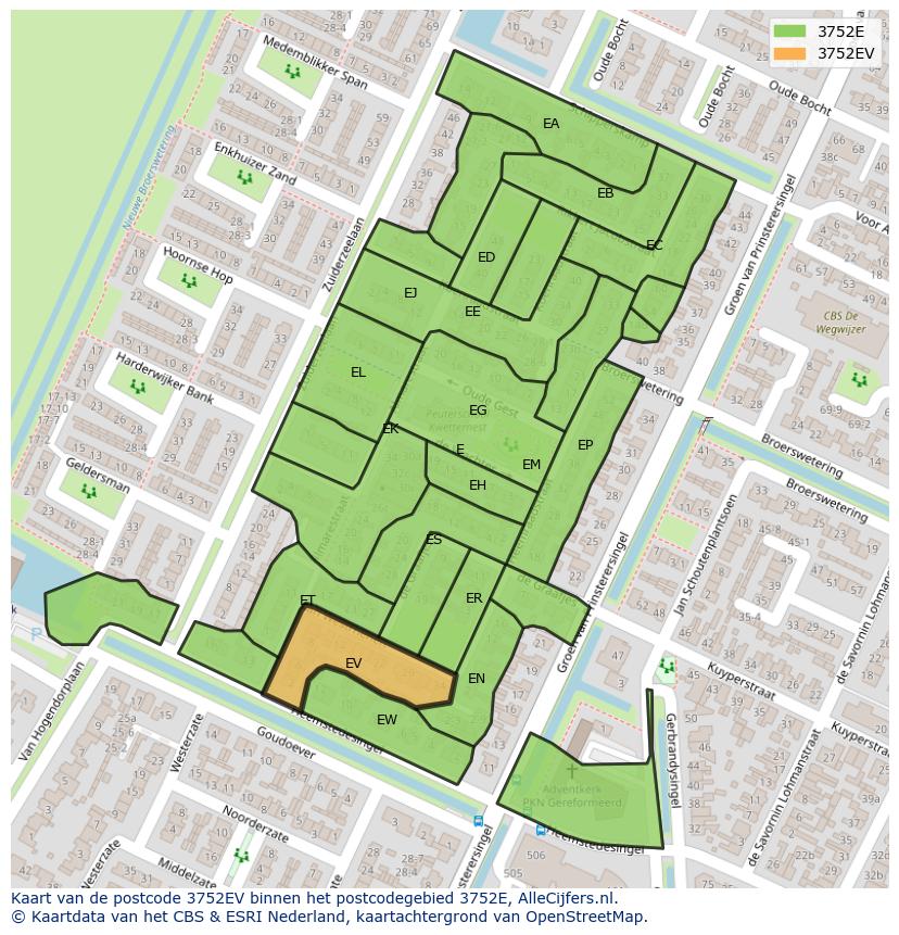 Afbeelding van het postcodegebied 3752 EV op de kaart.