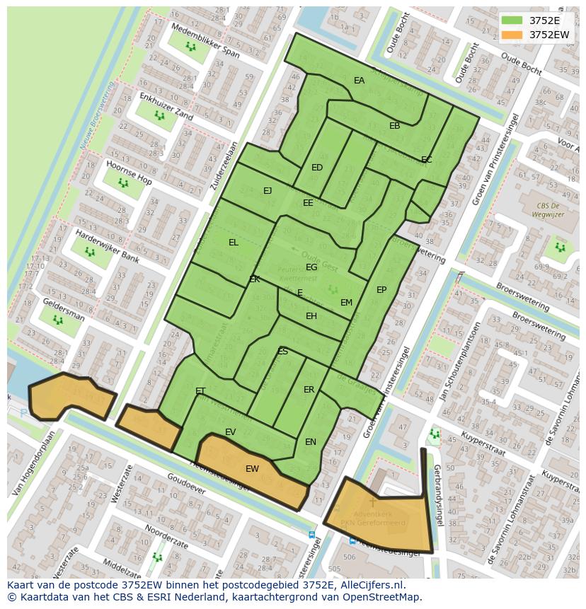 Afbeelding van het postcodegebied 3752 EW op de kaart.