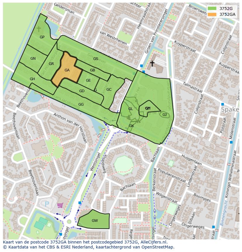 Afbeelding van het postcodegebied 3752 GA op de kaart.