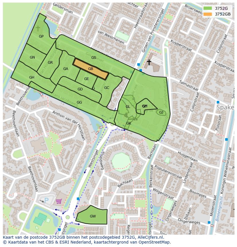 Afbeelding van het postcodegebied 3752 GB op de kaart.