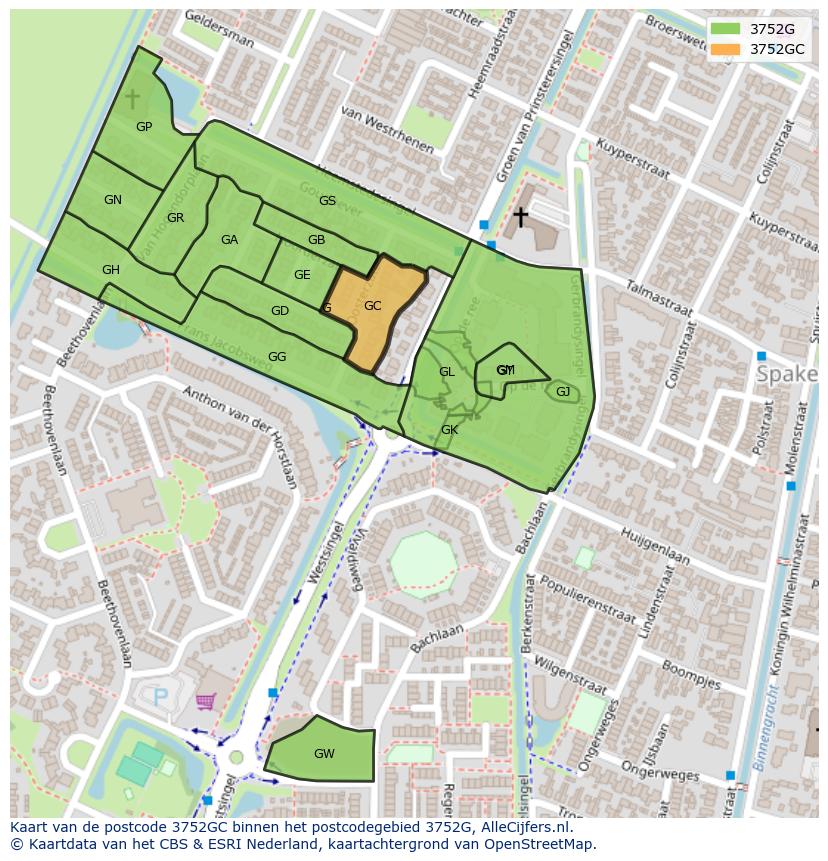 Afbeelding van het postcodegebied 3752 GC op de kaart.