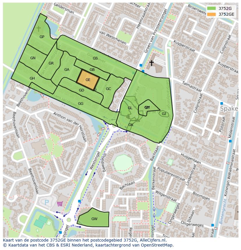 Afbeelding van het postcodegebied 3752 GE op de kaart.