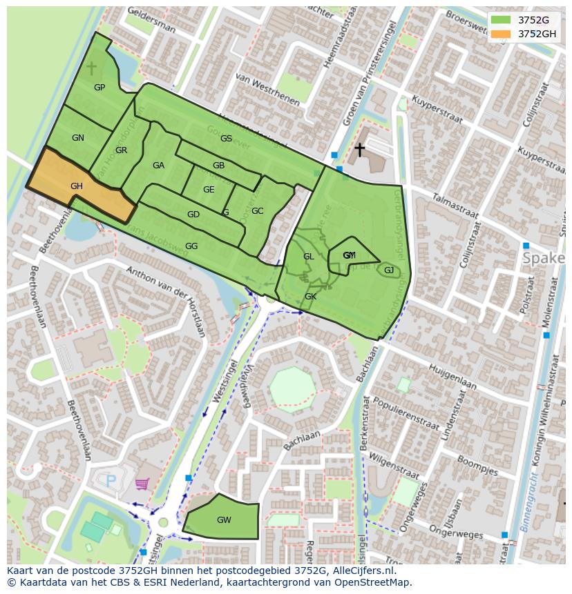 Afbeelding van het postcodegebied 3752 GH op de kaart.