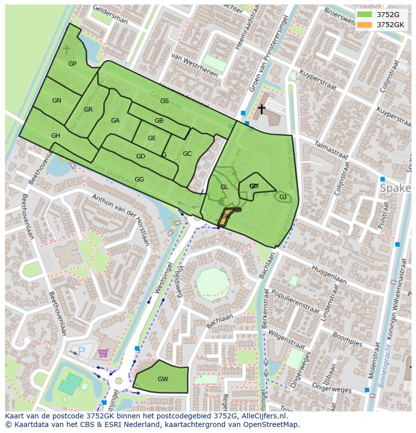Afbeelding van het postcodegebied 3752 GK op de kaart.