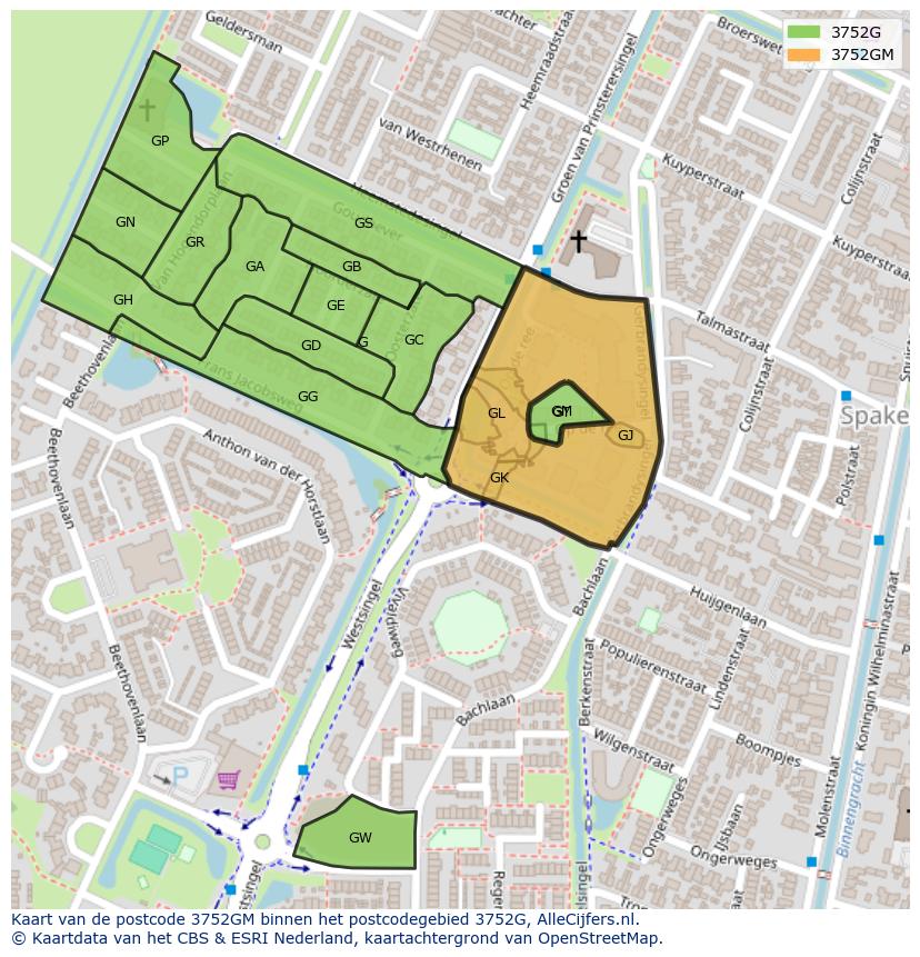 Afbeelding van het postcodegebied 3752 GM op de kaart.