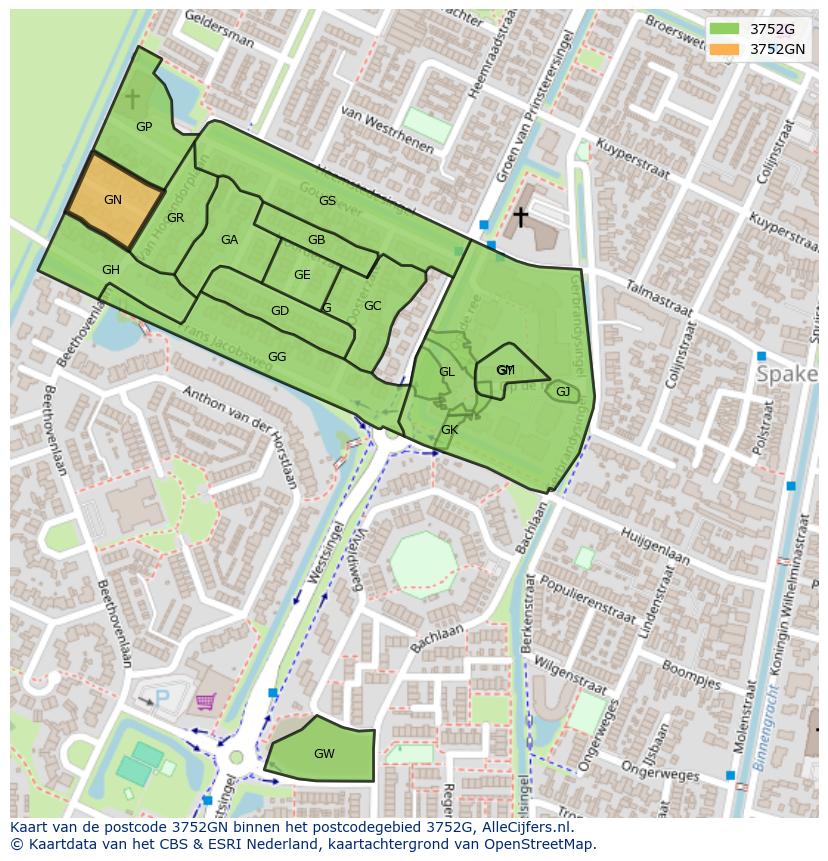 Afbeelding van het postcodegebied 3752 GN op de kaart.