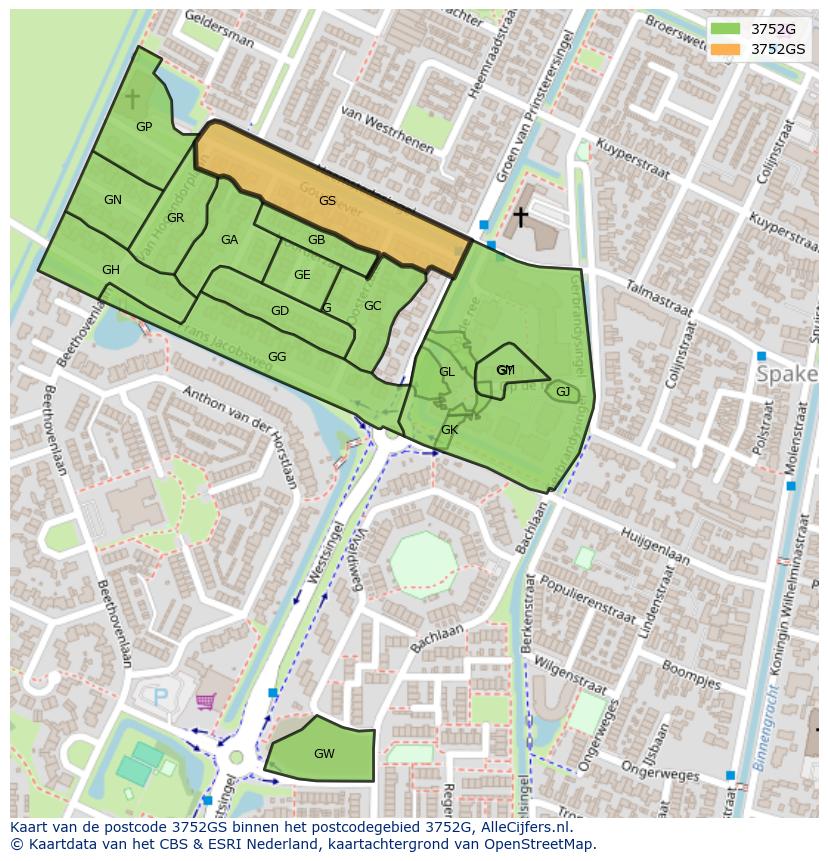 Afbeelding van het postcodegebied 3752 GS op de kaart.