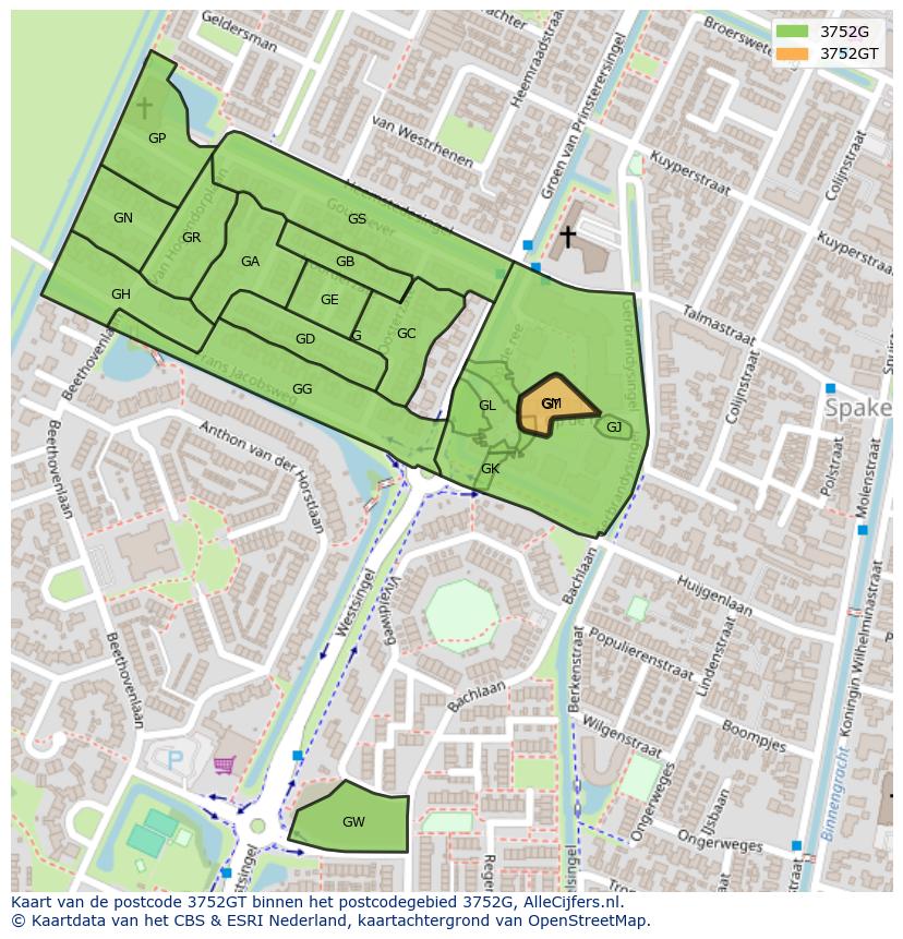 Afbeelding van het postcodegebied 3752 GT op de kaart.