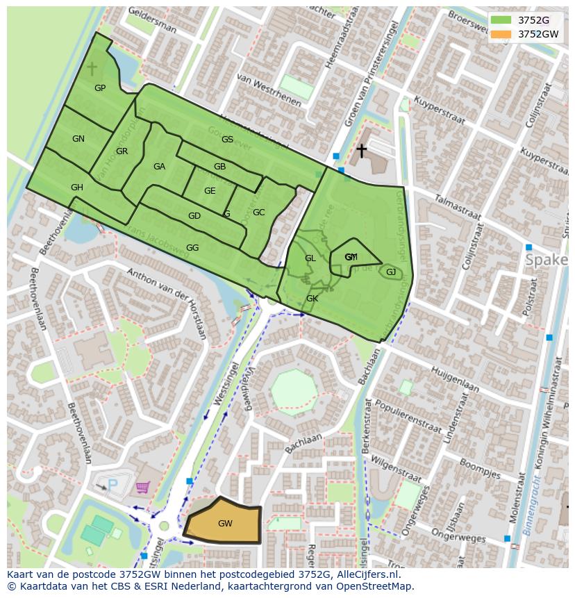 Afbeelding van het postcodegebied 3752 GW op de kaart.