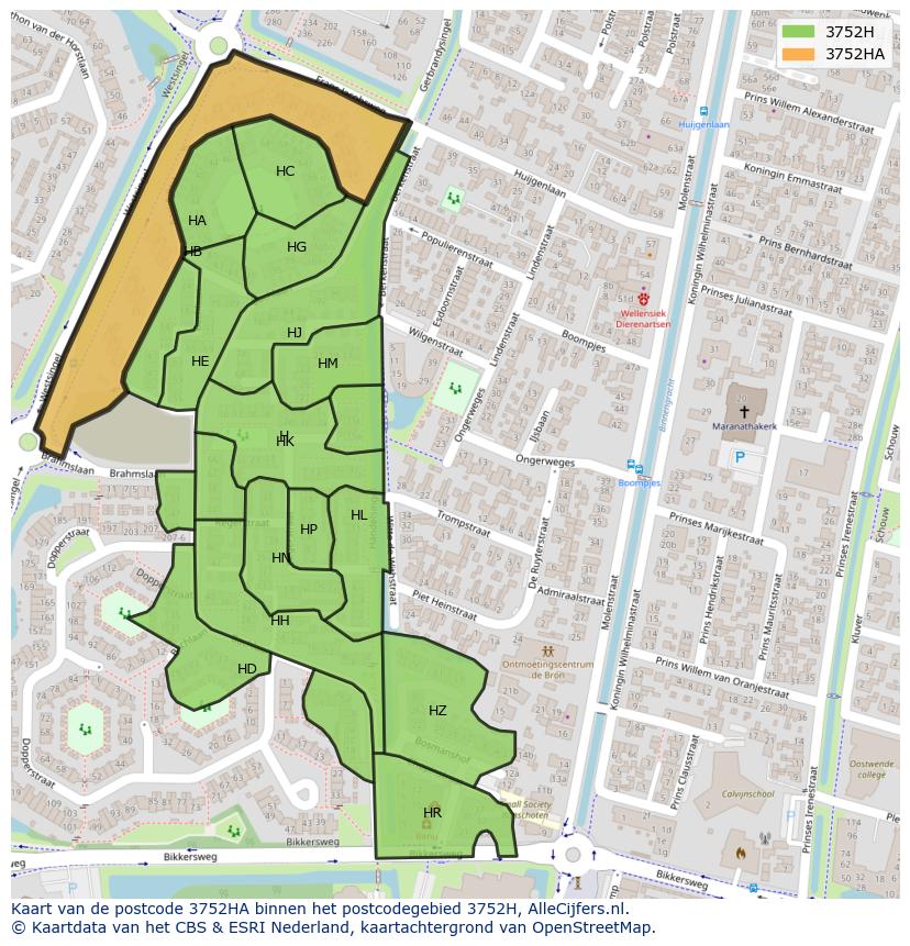 Afbeelding van het postcodegebied 3752 HA op de kaart.