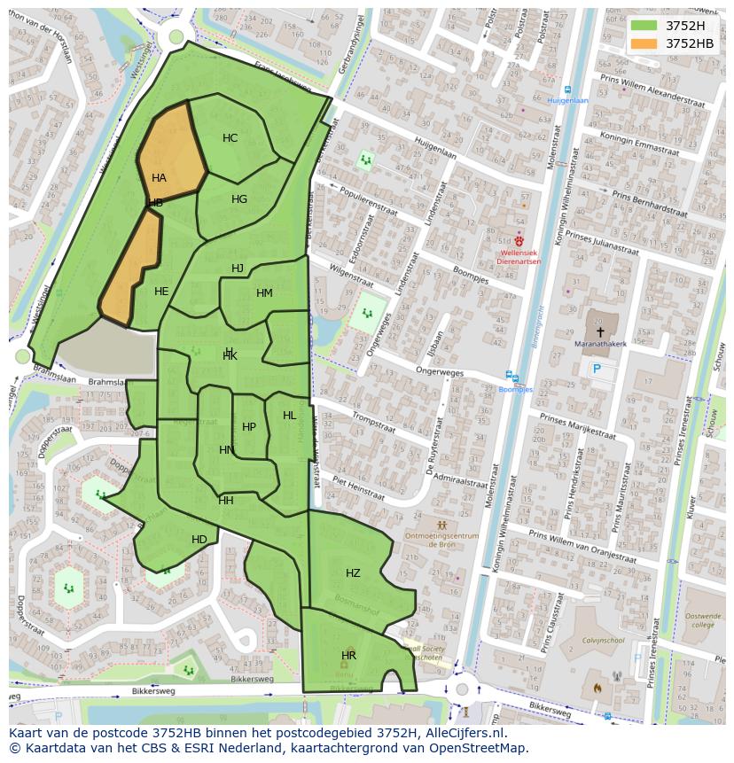 Afbeelding van het postcodegebied 3752 HB op de kaart.