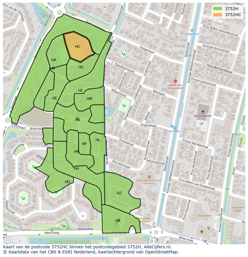 Afbeelding van het postcodegebied 3752 HC op de kaart.