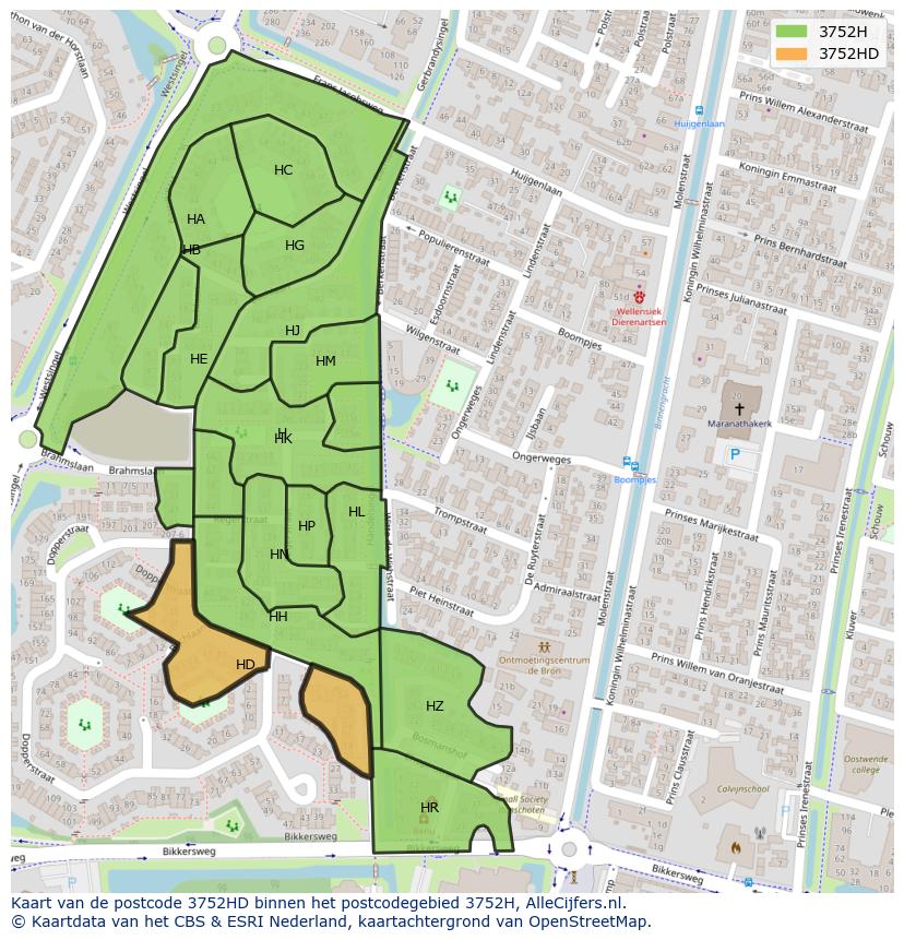 Afbeelding van het postcodegebied 3752 HD op de kaart.