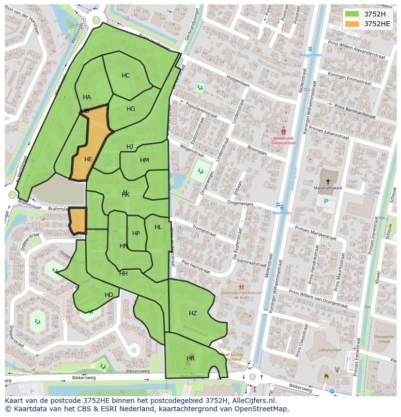 Afbeelding van het postcodegebied 3752 HE op de kaart.