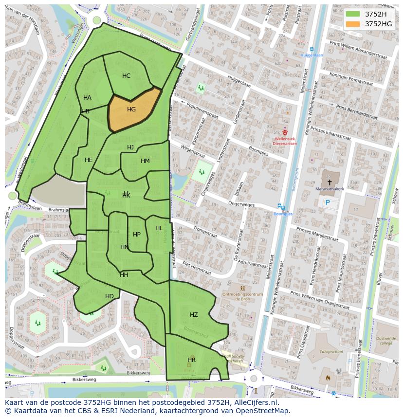 Afbeelding van het postcodegebied 3752 HG op de kaart.