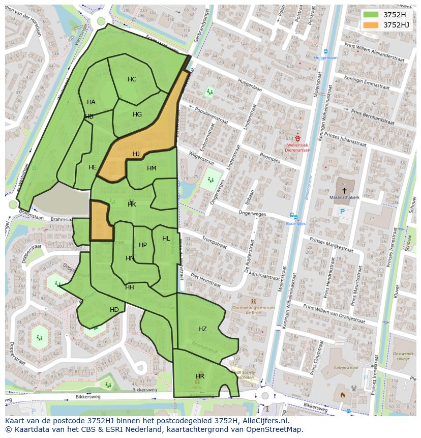Afbeelding van het postcodegebied 3752 HJ op de kaart.