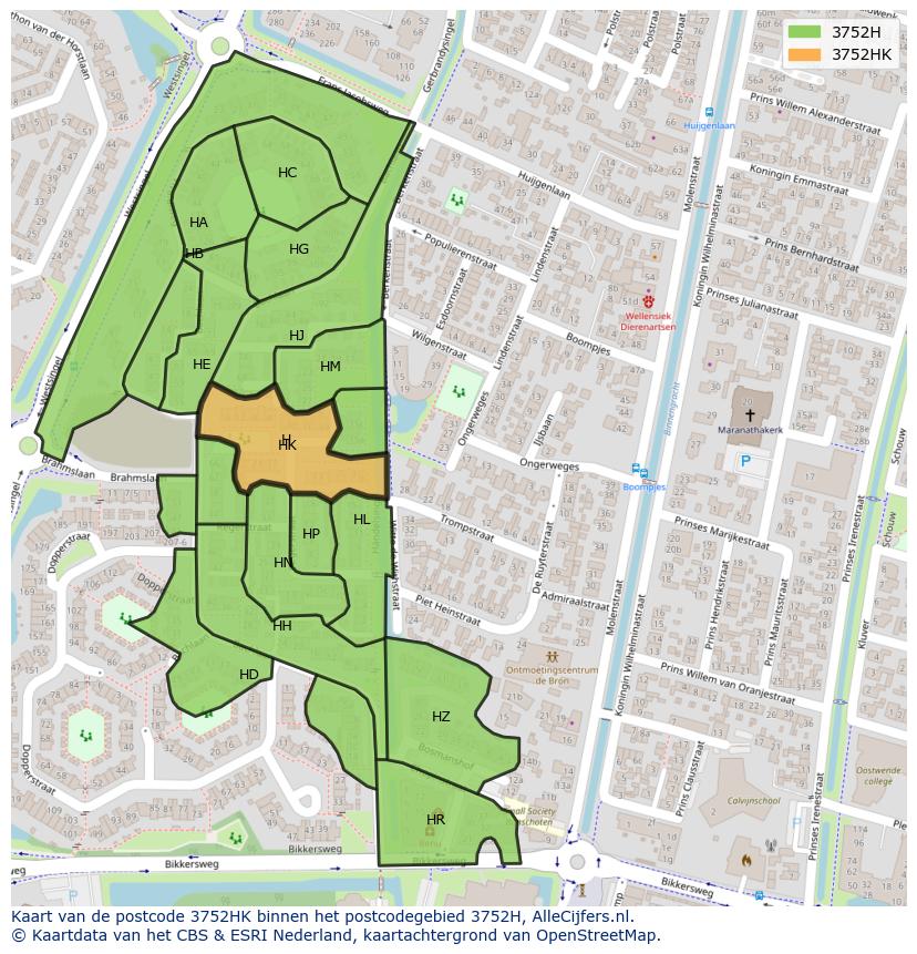 Afbeelding van het postcodegebied 3752 HK op de kaart.