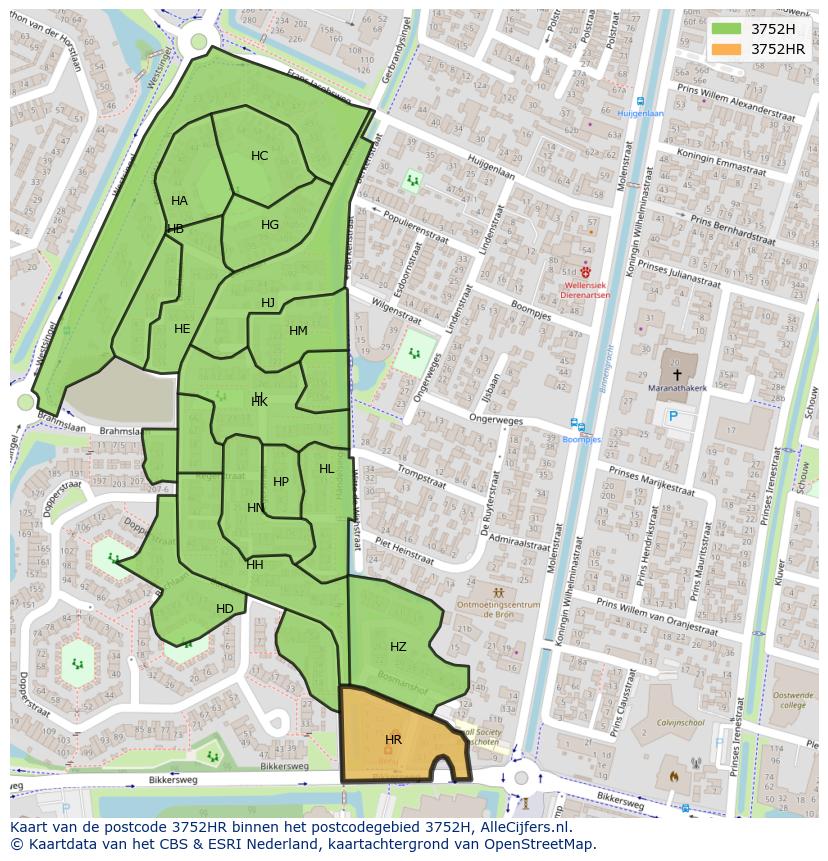 Afbeelding van het postcodegebied 3752 HR op de kaart.