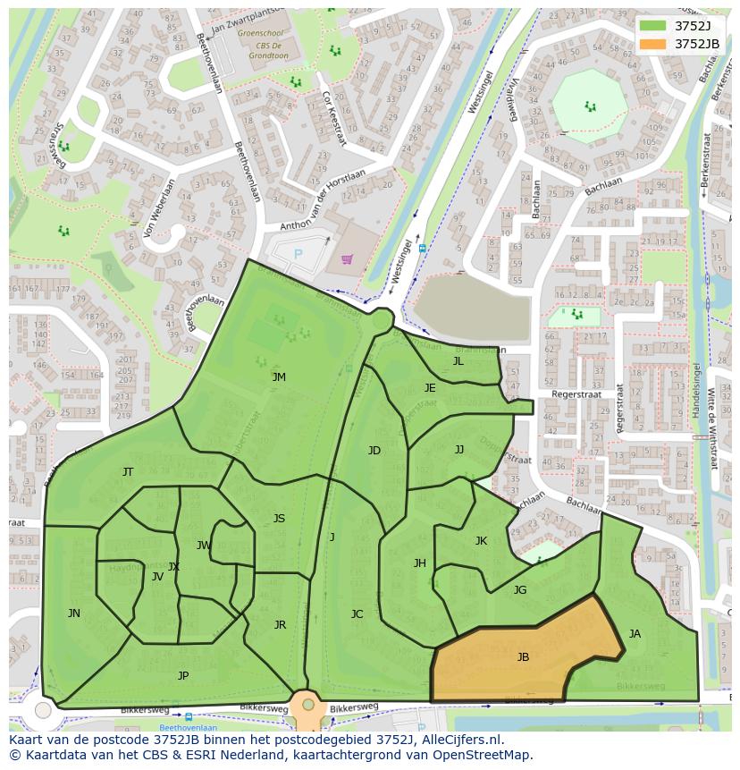 Afbeelding van het postcodegebied 3752 JB op de kaart.