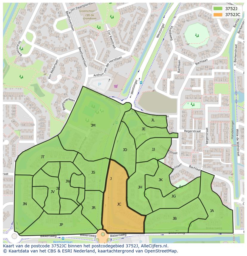 Afbeelding van het postcodegebied 3752 JC op de kaart.