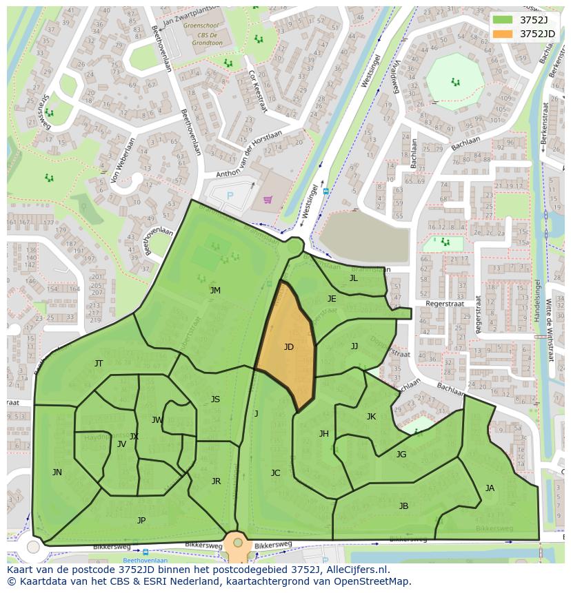 Afbeelding van het postcodegebied 3752 JD op de kaart.