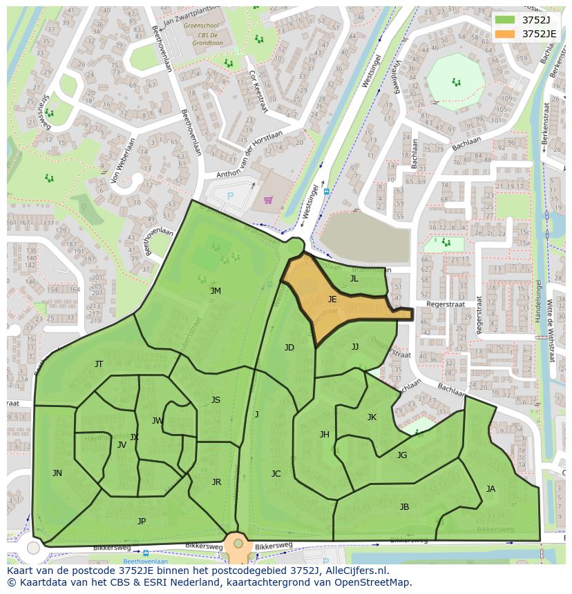 Afbeelding van het postcodegebied 3752 JE op de kaart.