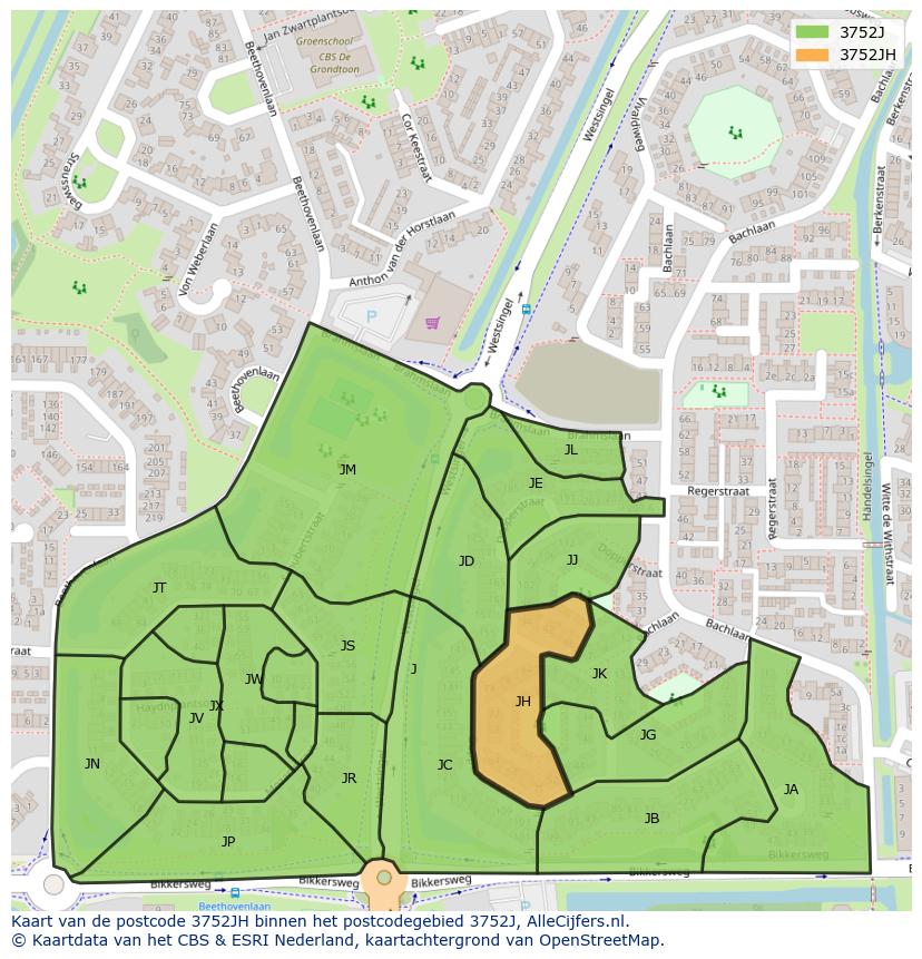 Afbeelding van het postcodegebied 3752 JH op de kaart.