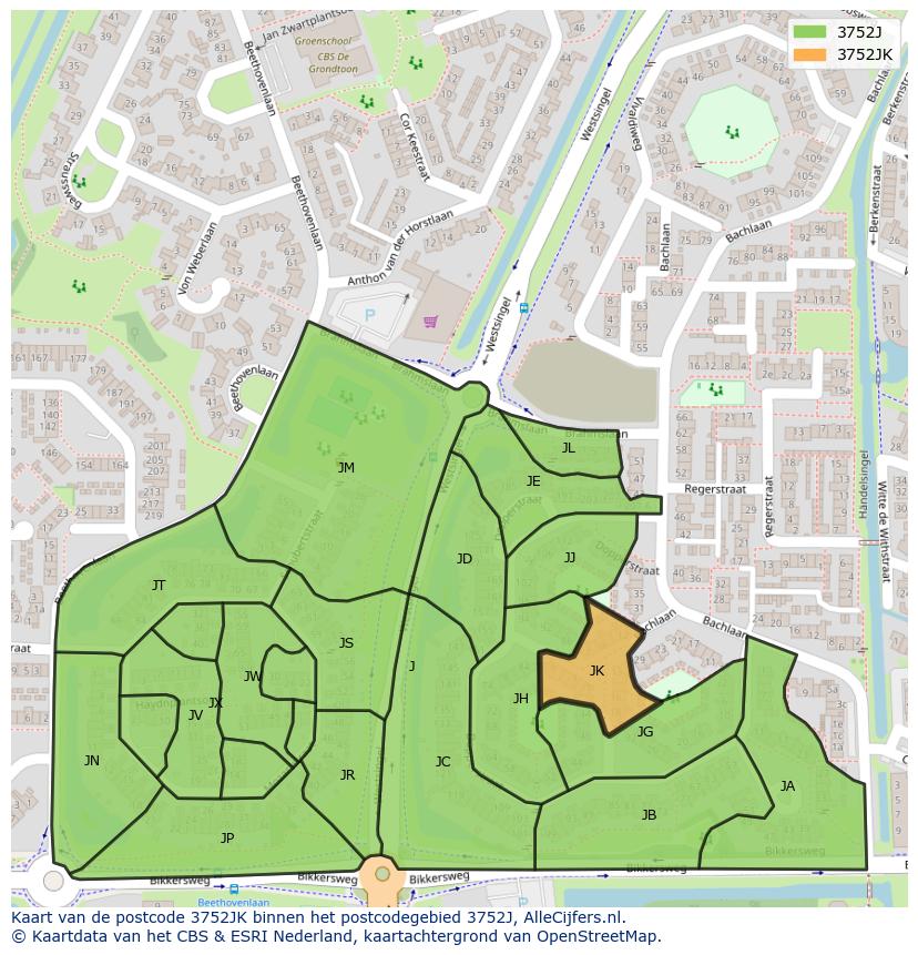 Afbeelding van het postcodegebied 3752 JK op de kaart.