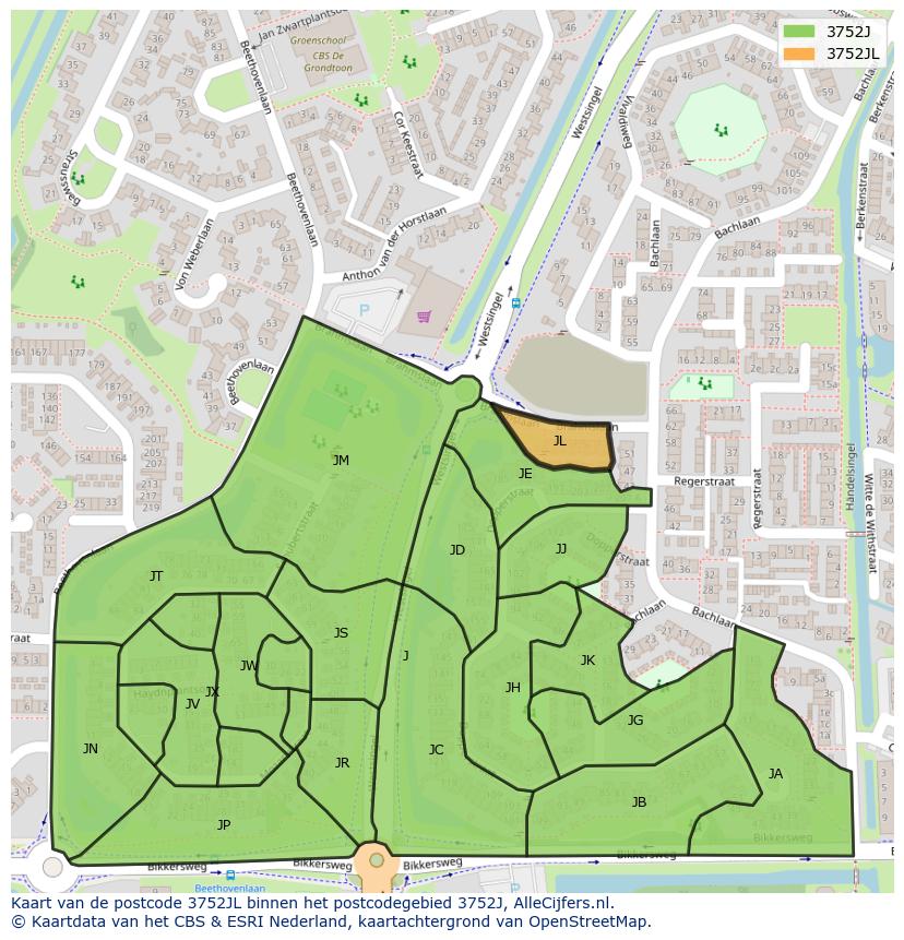 Afbeelding van het postcodegebied 3752 JL op de kaart.