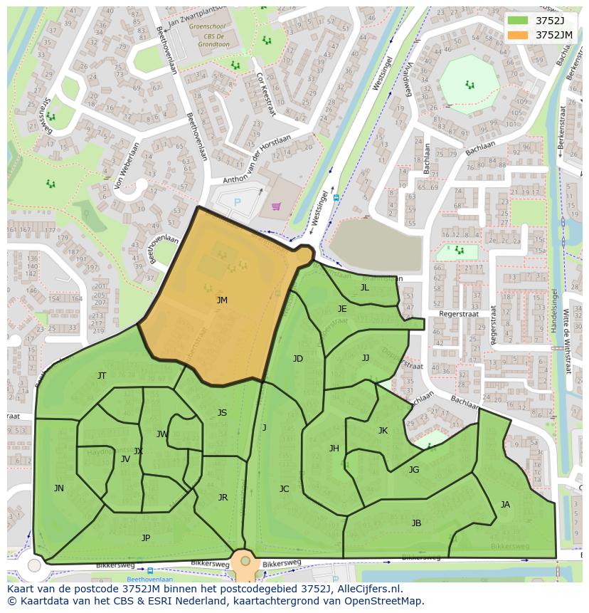 Afbeelding van het postcodegebied 3752 JM op de kaart.