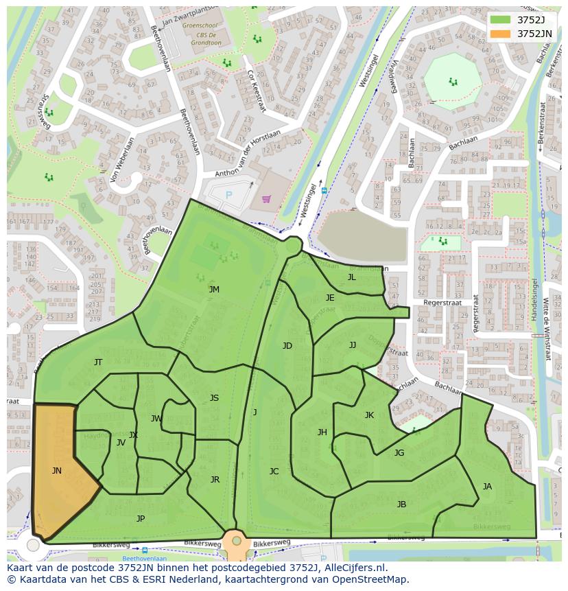 Afbeelding van het postcodegebied 3752 JN op de kaart.
