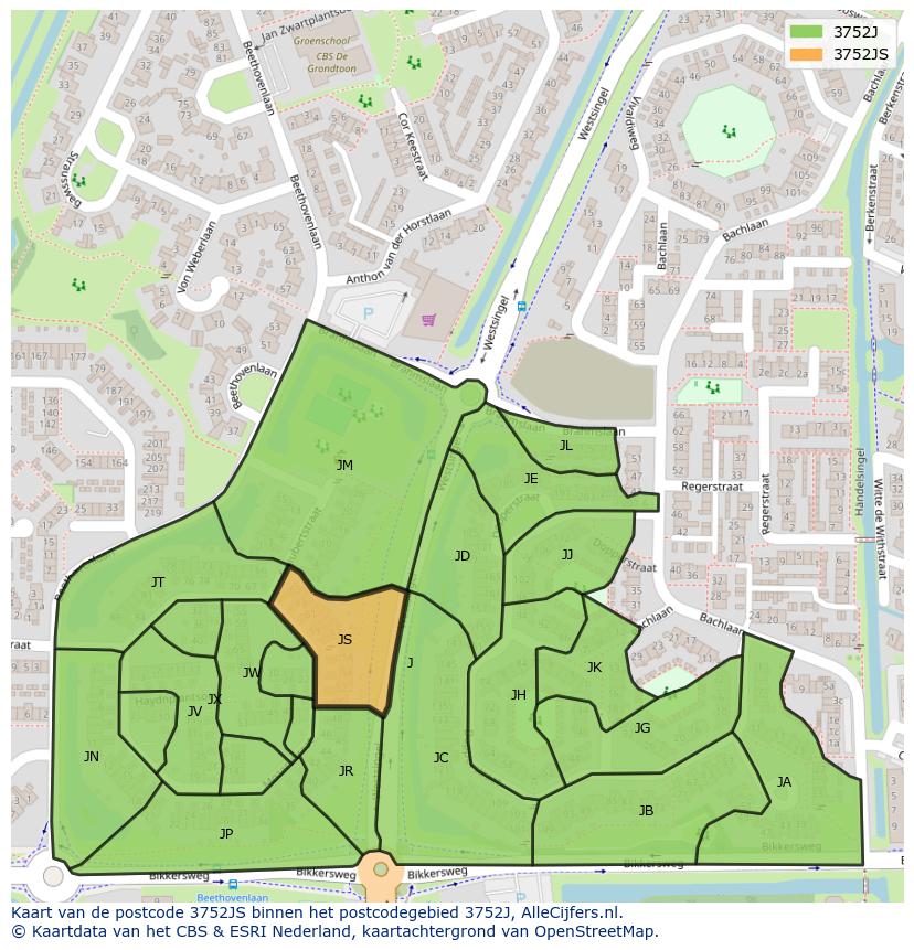 Afbeelding van het postcodegebied 3752 JS op de kaart.